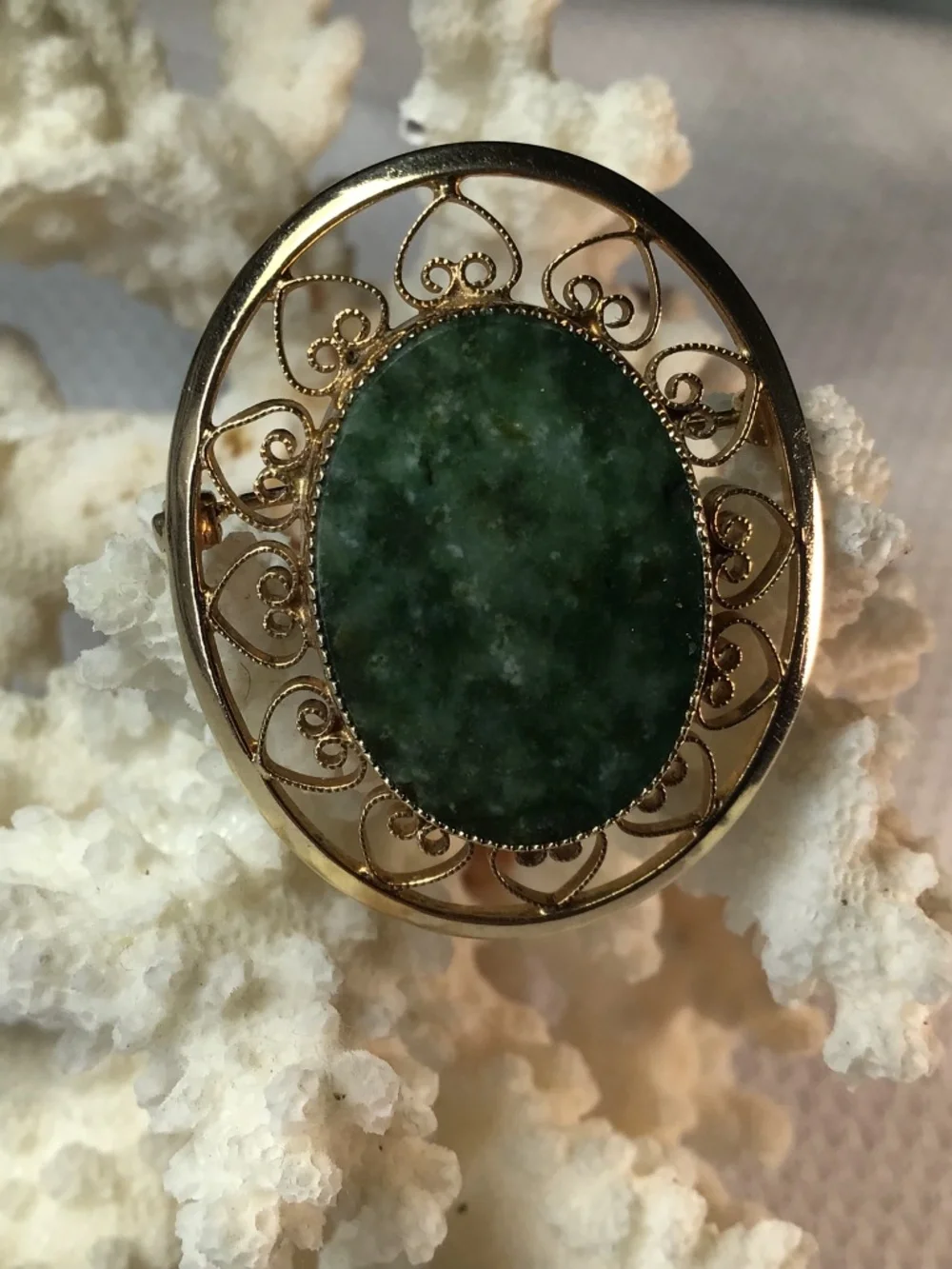 Vintage Designer Signed Catamore 1/20 12K Gold Filled Green Gemstone Pin Brooch